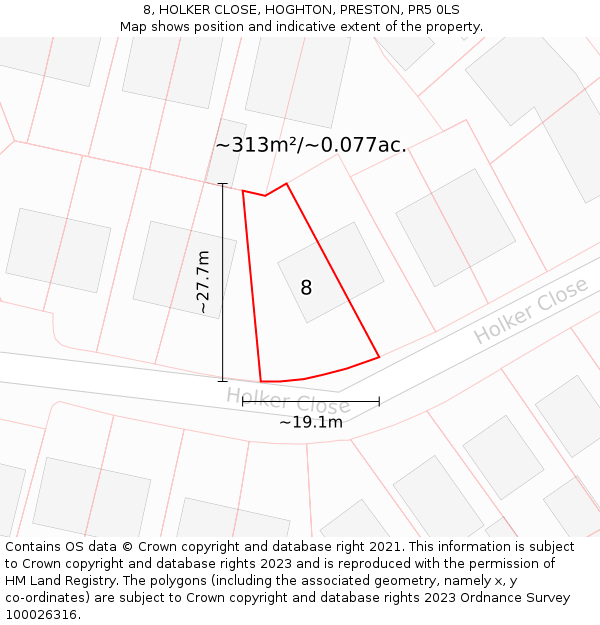 8, HOLKER CLOSE, HOGHTON, PRESTON, PR5 0LS: Plot and title map