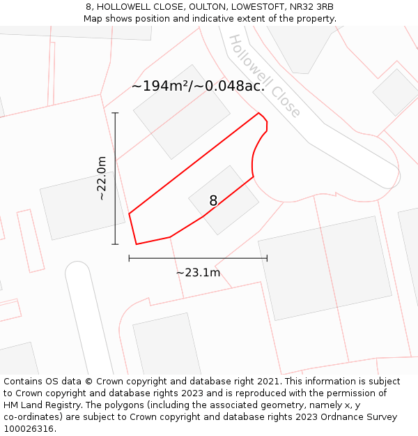 8, HOLLOWELL CLOSE, OULTON, LOWESTOFT, NR32 3RB: Plot and title map