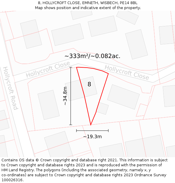 8, HOLLYCROFT CLOSE, EMNETH, WISBECH, PE14 8BL: Plot and title map
