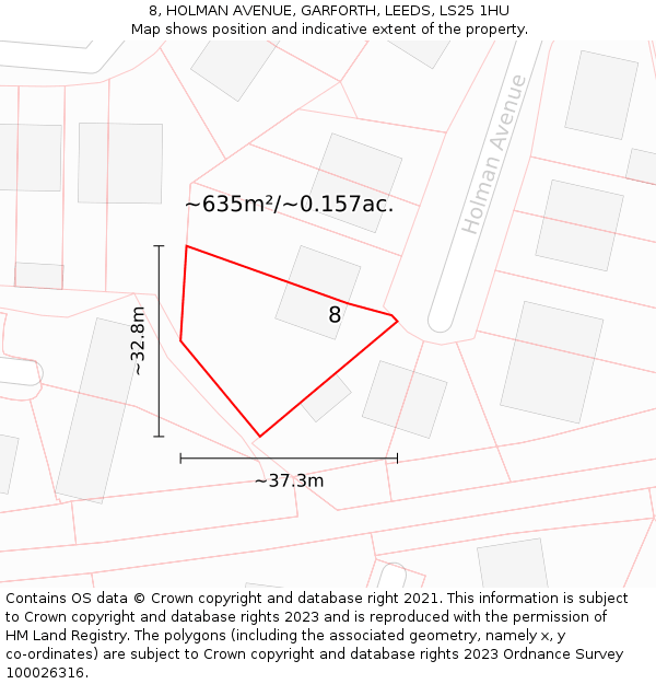 8, HOLMAN AVENUE, GARFORTH, LEEDS, LS25 1HU: Plot and title map