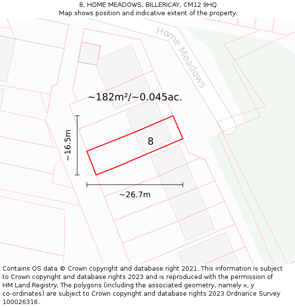 8, HOME MEADOWS, BILLERICAY, CM12 9HQ: Plot and title map