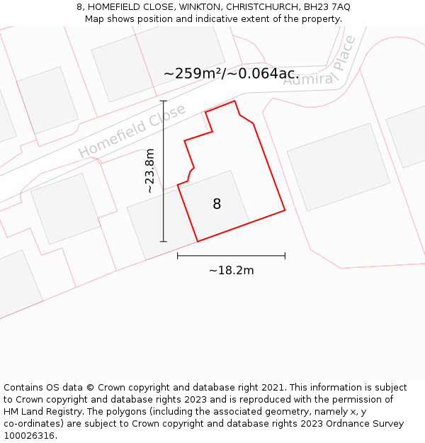 8, HOMEFIELD CLOSE, WINKTON, CHRISTCHURCH, BH23 7AQ: Plot and title map