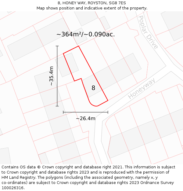 8, HONEY WAY, ROYSTON, SG8 7ES: Plot and title map