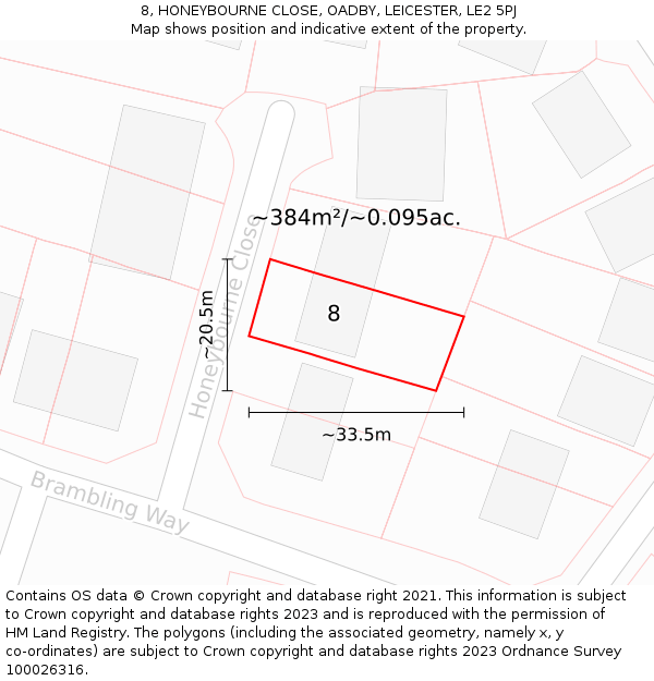 8, HONEYBOURNE CLOSE, OADBY, LEICESTER, LE2 5PJ: Plot and title map