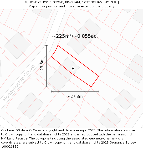 8, HONEYSUCKLE GROVE, BINGHAM, NOTTINGHAM, NG13 8UJ: Plot and title map