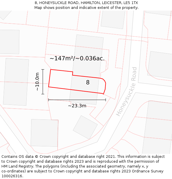 8, HONEYSUCKLE ROAD, HAMILTON, LEICESTER, LE5 1TX: Plot and title map