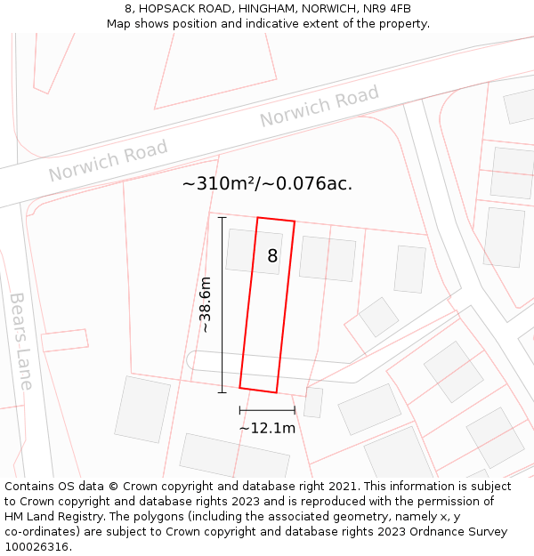8, HOPSACK ROAD, HINGHAM, NORWICH, NR9 4FB: Plot and title map