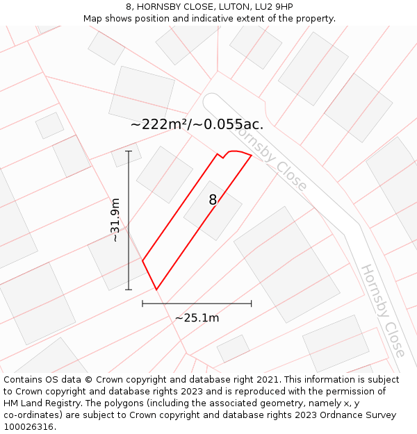 8, HORNSBY CLOSE, LUTON, LU2 9HP: Plot and title map