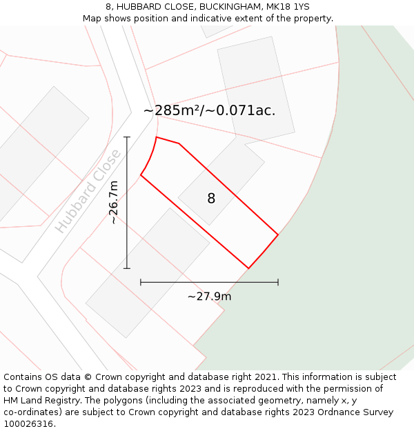 8, HUBBARD CLOSE, BUCKINGHAM, MK18 1YS: Plot and title map