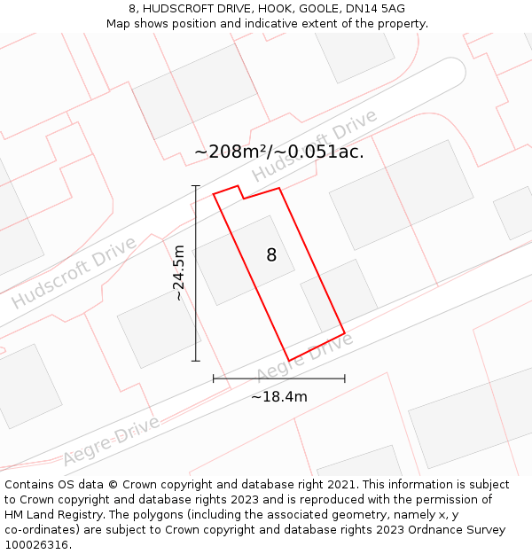 8, HUDSCROFT DRIVE, HOOK, GOOLE, DN14 5AG: Plot and title map
