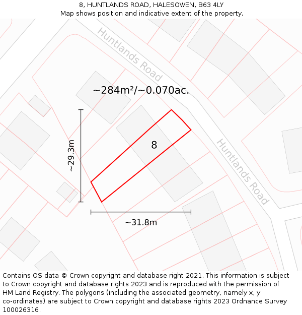 8, HUNTLANDS ROAD, HALESOWEN, B63 4LY: Plot and title map