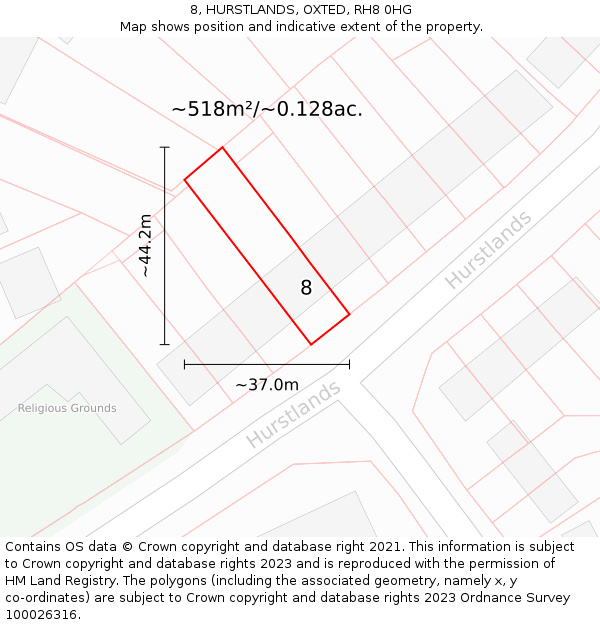 8, HURSTLANDS, OXTED, RH8 0HG: Plot and title map