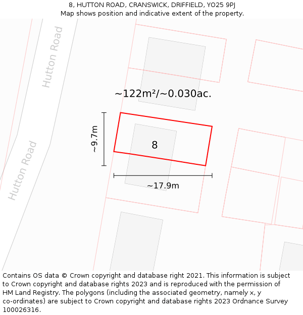 8, HUTTON ROAD, CRANSWICK, DRIFFIELD, YO25 9PJ: Plot and title map