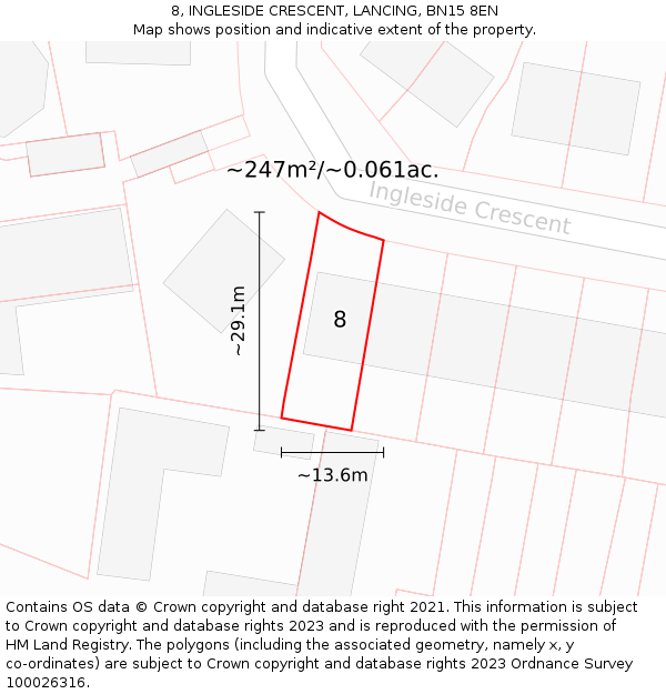 8, INGLESIDE CRESCENT, LANCING, BN15 8EN: Plot and title map