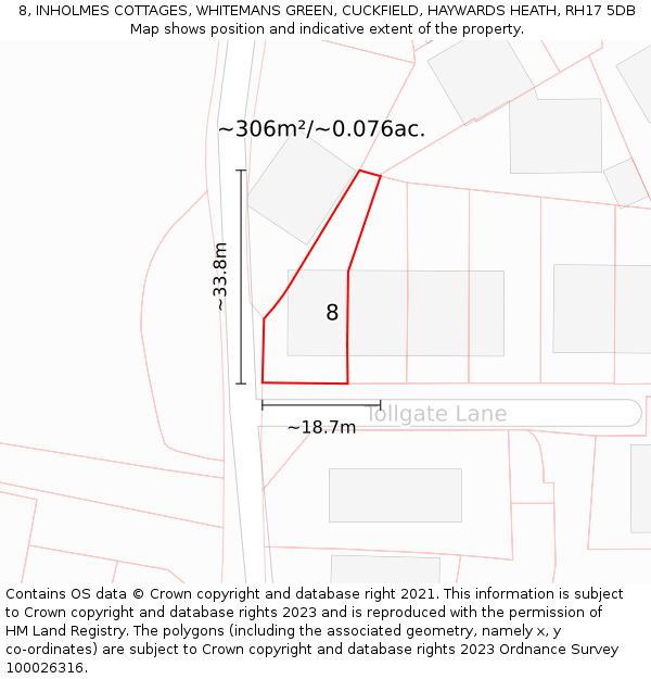8, INHOLMES COTTAGES, WHITEMANS GREEN, CUCKFIELD, HAYWARDS HEATH, RH17 5DB: Plot and title map