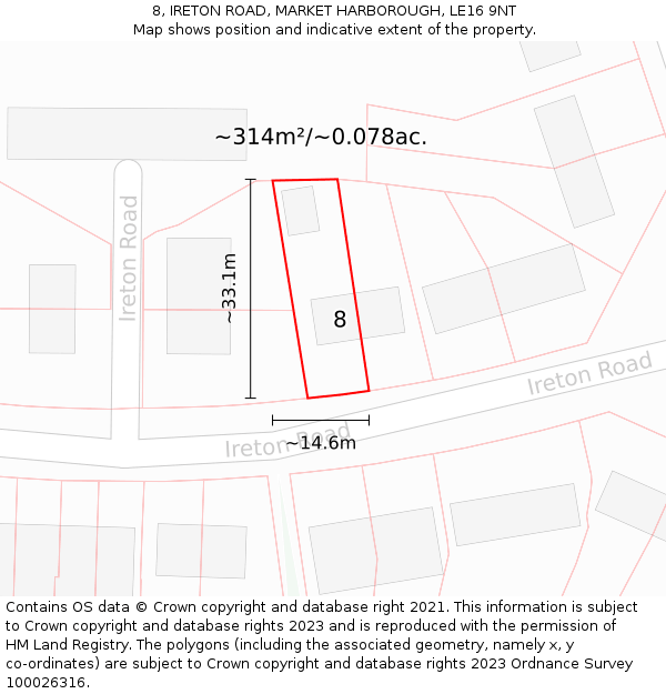 8, IRETON ROAD, MARKET HARBOROUGH, LE16 9NT: Plot and title map
