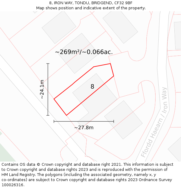 8, IRON WAY, TONDU, BRIDGEND, CF32 9BF: Plot and title map
