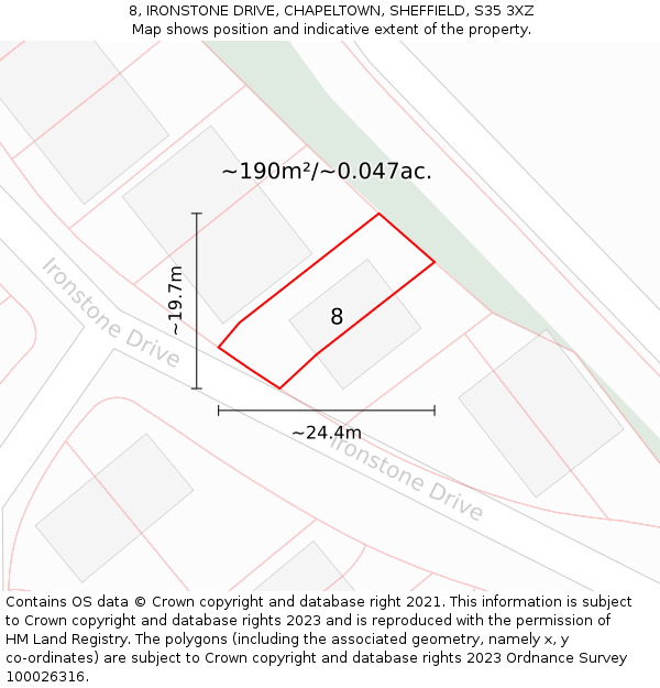8, IRONSTONE DRIVE, CHAPELTOWN, SHEFFIELD, S35 3XZ: Plot and title map