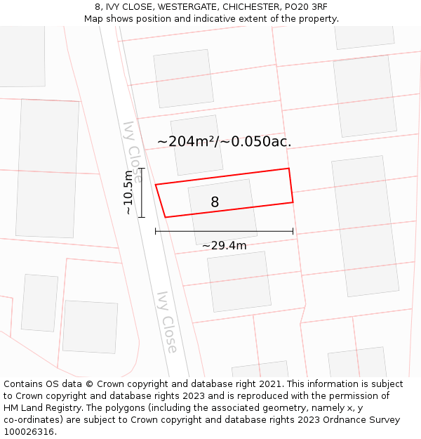8, IVY CLOSE, WESTERGATE, CHICHESTER, PO20 3RF: Plot and title map