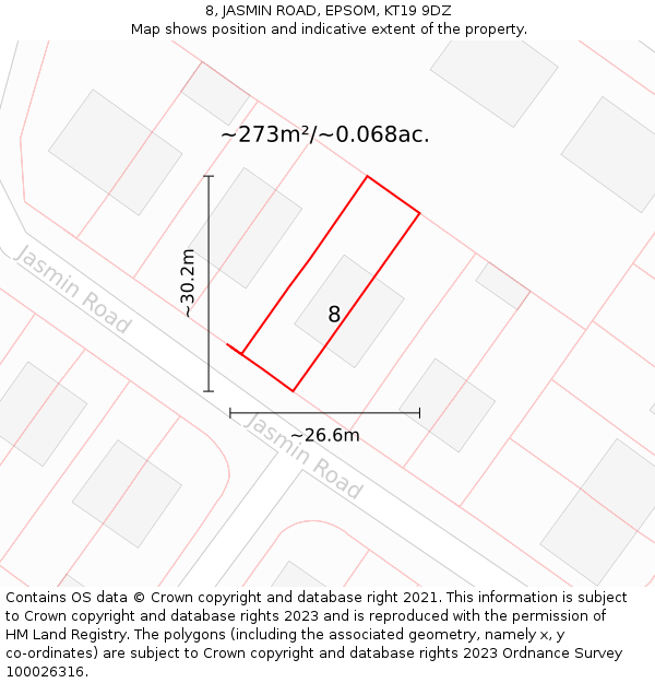 8, JASMIN ROAD, EPSOM, KT19 9DZ: Plot and title map