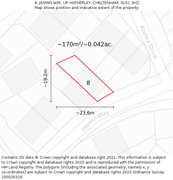 8, JASMIN WAY, UP HATHERLEY, CHELTENHAM, GL51 3HZ: Plot and title map