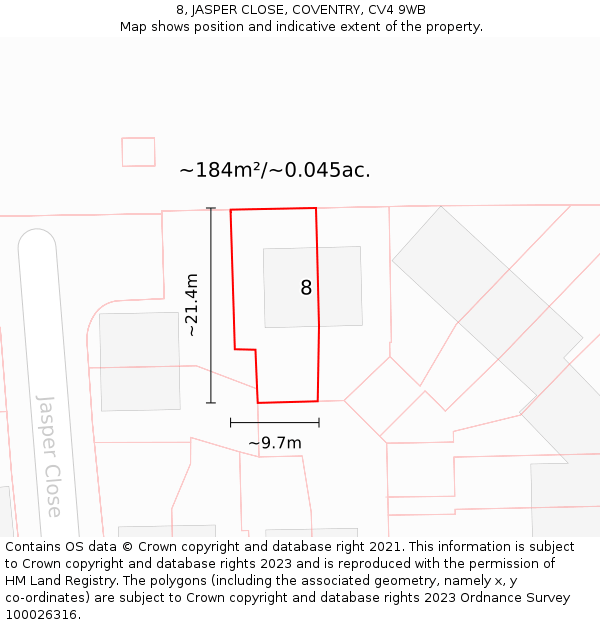 8, JASPER CLOSE, COVENTRY, CV4 9WB: Plot and title map