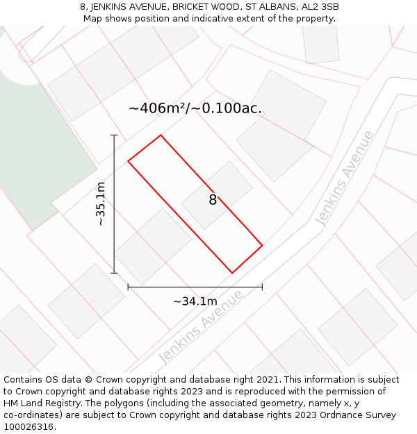 8, JENKINS AVENUE, BRICKET WOOD, ST ALBANS, AL2 3SB: Plot and title map