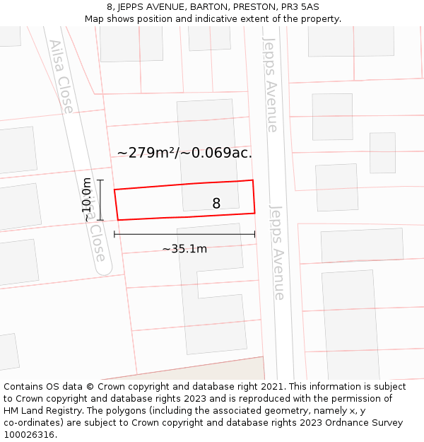 8, JEPPS AVENUE, BARTON, PRESTON, PR3 5AS: Plot and title map