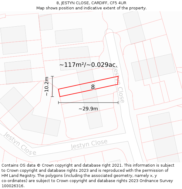8, JESTYN CLOSE, CARDIFF, CF5 4UR: Plot and title map