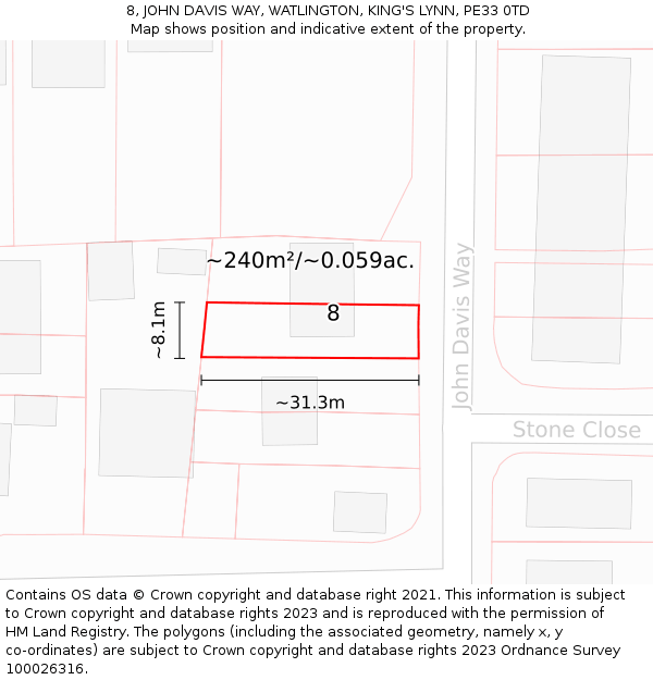 8, JOHN DAVIS WAY, WATLINGTON, KING'S LYNN, PE33 0TD: Plot and title map