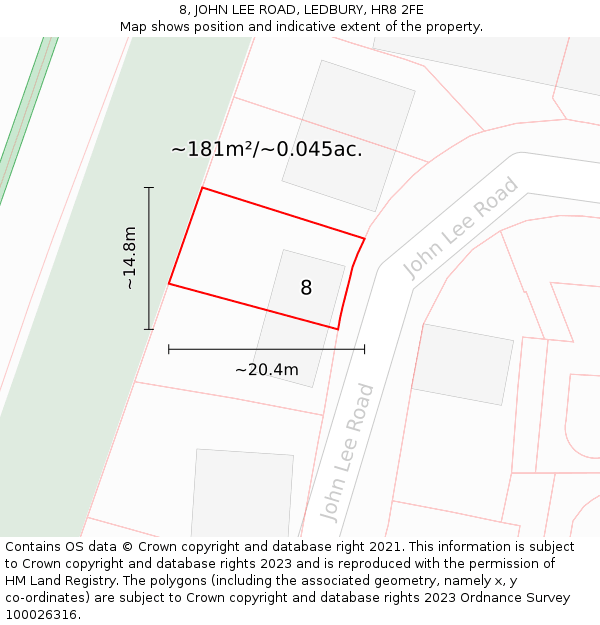 8, JOHN LEE ROAD, LEDBURY, HR8 2FE: Plot and title map