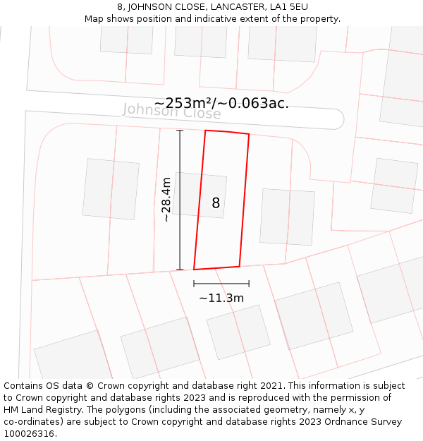8, JOHNSON CLOSE, LANCASTER, LA1 5EU: Plot and title map