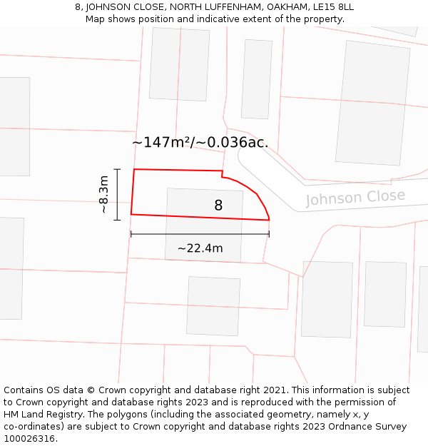 8, JOHNSON CLOSE, NORTH LUFFENHAM, OAKHAM, LE15 8LL: Plot and title map