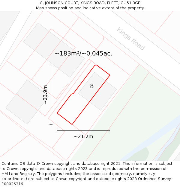 8, JOHNSON COURT, KINGS ROAD, FLEET, GU51 3GE: Plot and title map