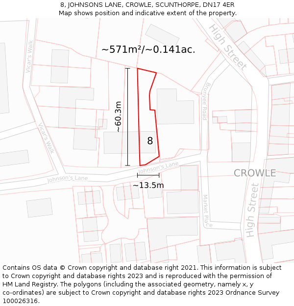 8, JOHNSONS LANE, CROWLE, SCUNTHORPE, DN17 4ER: Plot and title map