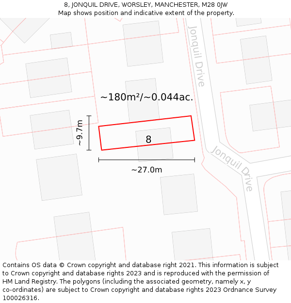 8, JONQUIL DRIVE, WORSLEY, MANCHESTER, M28 0JW: Plot and title map
