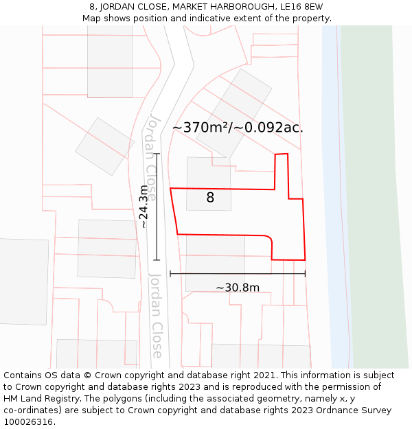 8, JORDAN CLOSE, MARKET HARBOROUGH, LE16 8EW: Plot and title map