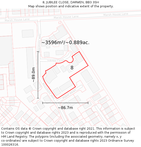 8, JUBILEE CLOSE, DARWEN, BB3 3SH: Plot and title map