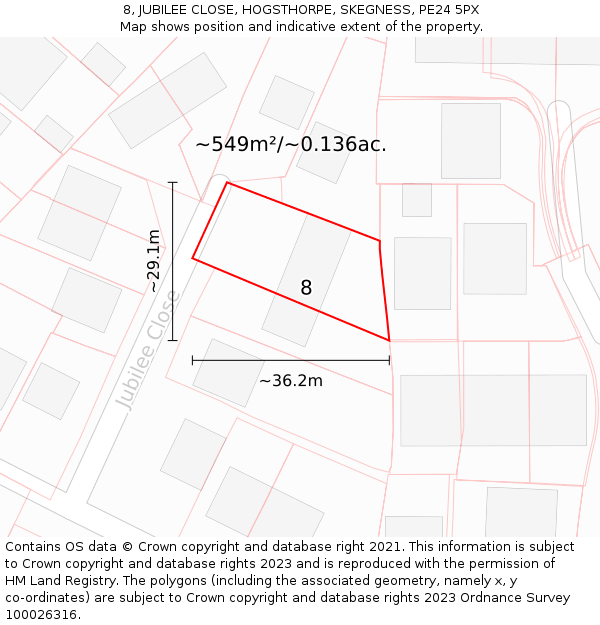 8, JUBILEE CLOSE, HOGSTHORPE, SKEGNESS, PE24 5PX: Plot and title map