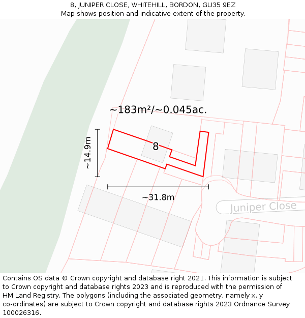 8, JUNIPER CLOSE, WHITEHILL, BORDON, GU35 9EZ: Plot and title map