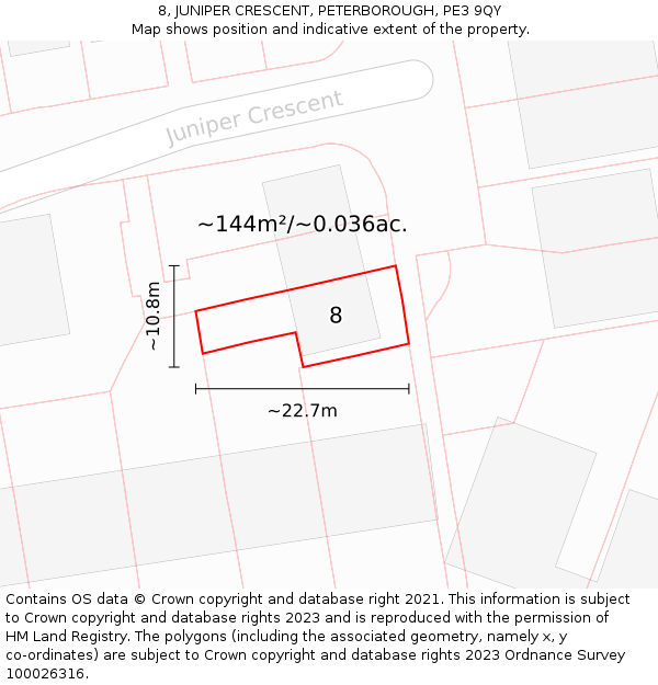 8, JUNIPER CRESCENT, PETERBOROUGH, PE3 9QY: Plot and title map