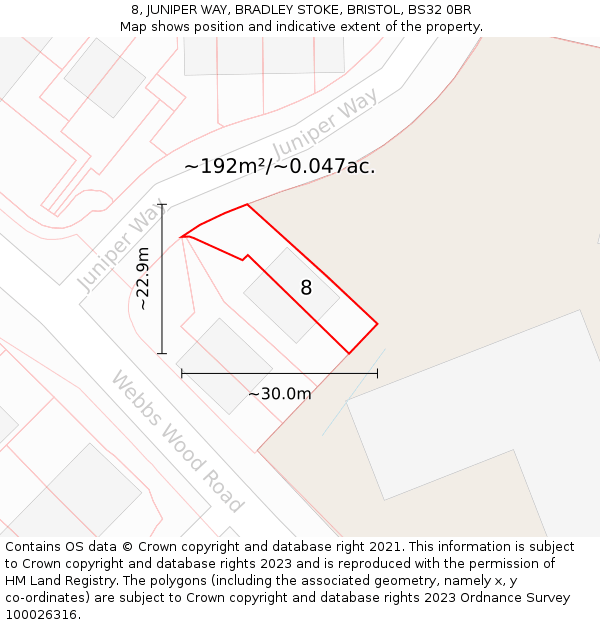 8, JUNIPER WAY, BRADLEY STOKE, BRISTOL, BS32 0BR: Plot and title map