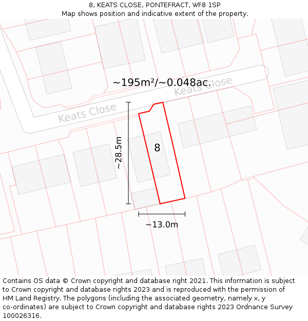 8, KEATS CLOSE, PONTEFRACT, WF8 1SP: Plot and title map