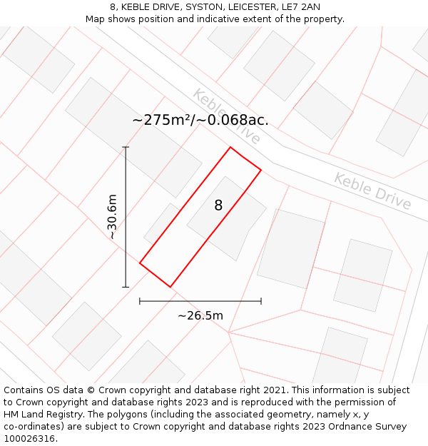 8, KEBLE DRIVE, SYSTON, LEICESTER, LE7 2AN: Plot and title map