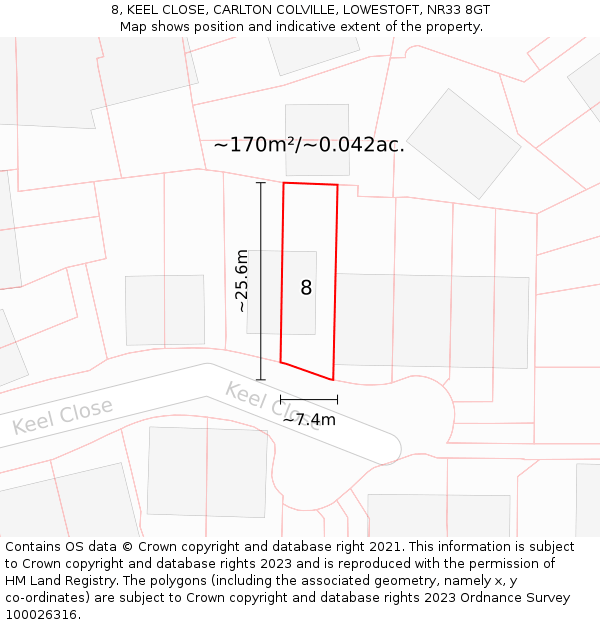8, KEEL CLOSE, CARLTON COLVILLE, LOWESTOFT, NR33 8GT: Plot and title map