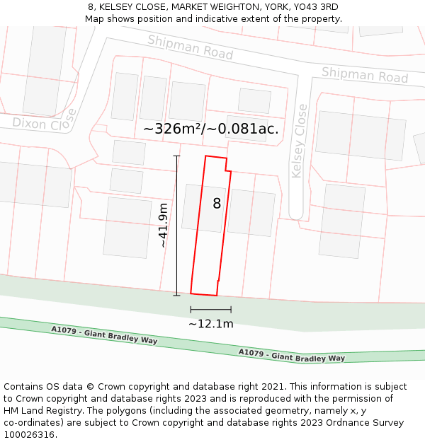 8, KELSEY CLOSE, MARKET WEIGHTON, YORK, YO43 3RD: Plot and title map