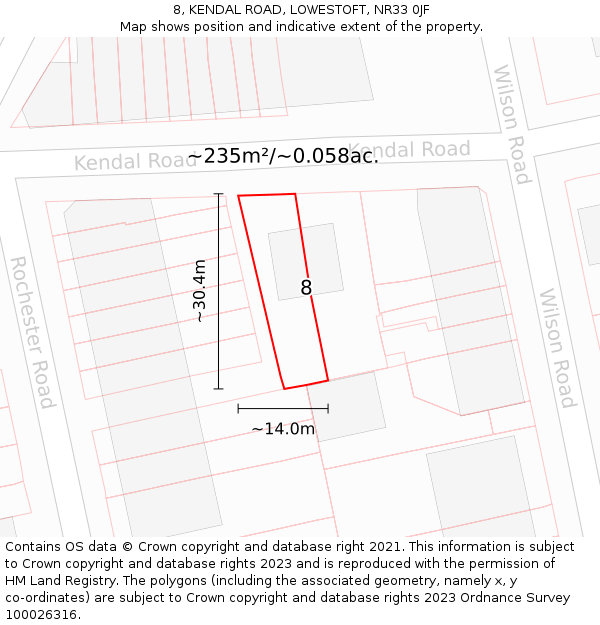 8, KENDAL ROAD, LOWESTOFT, NR33 0JF: Plot and title map