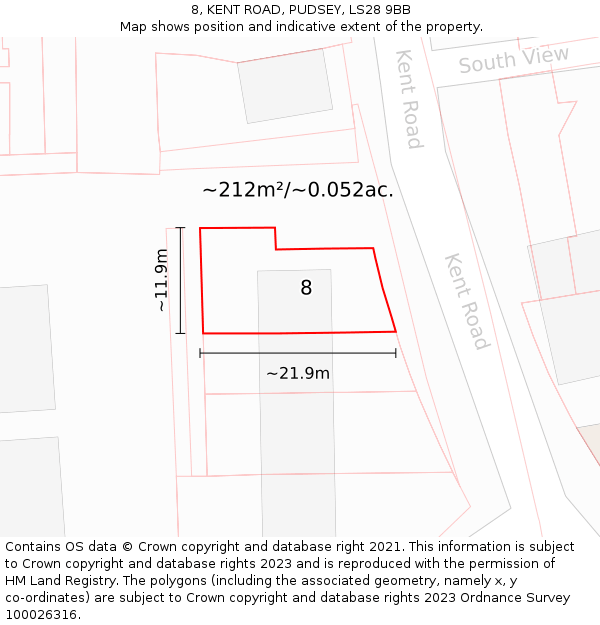 8, KENT ROAD, PUDSEY, LS28 9BB: Plot and title map