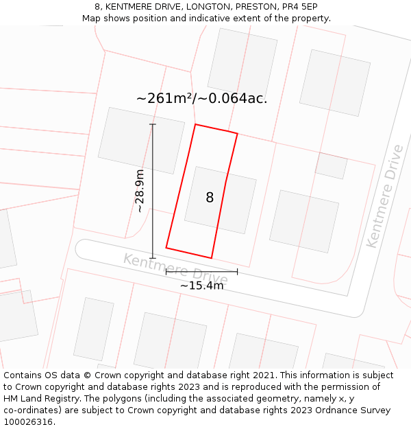 8, KENTMERE DRIVE, LONGTON, PRESTON, PR4 5EP: Plot and title map