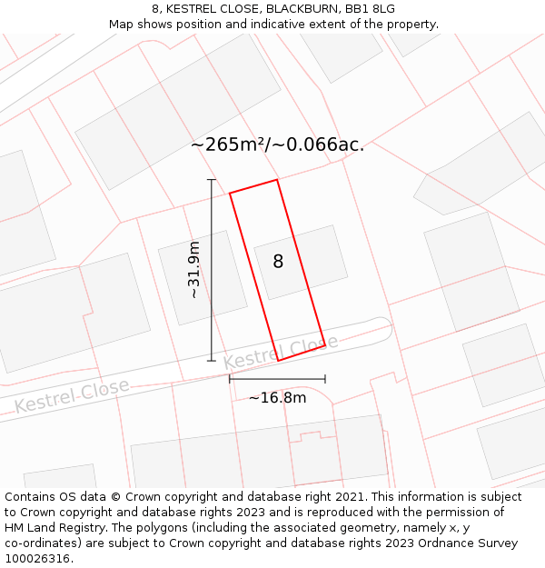 8, KESTREL CLOSE, BLACKBURN, BB1 8LG: Plot and title map
